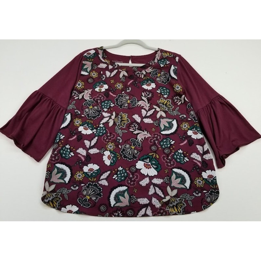 Van Heusen Blouse Women's Large L Multicolor Paisley ¾ Sleeve Crewneck Stretch